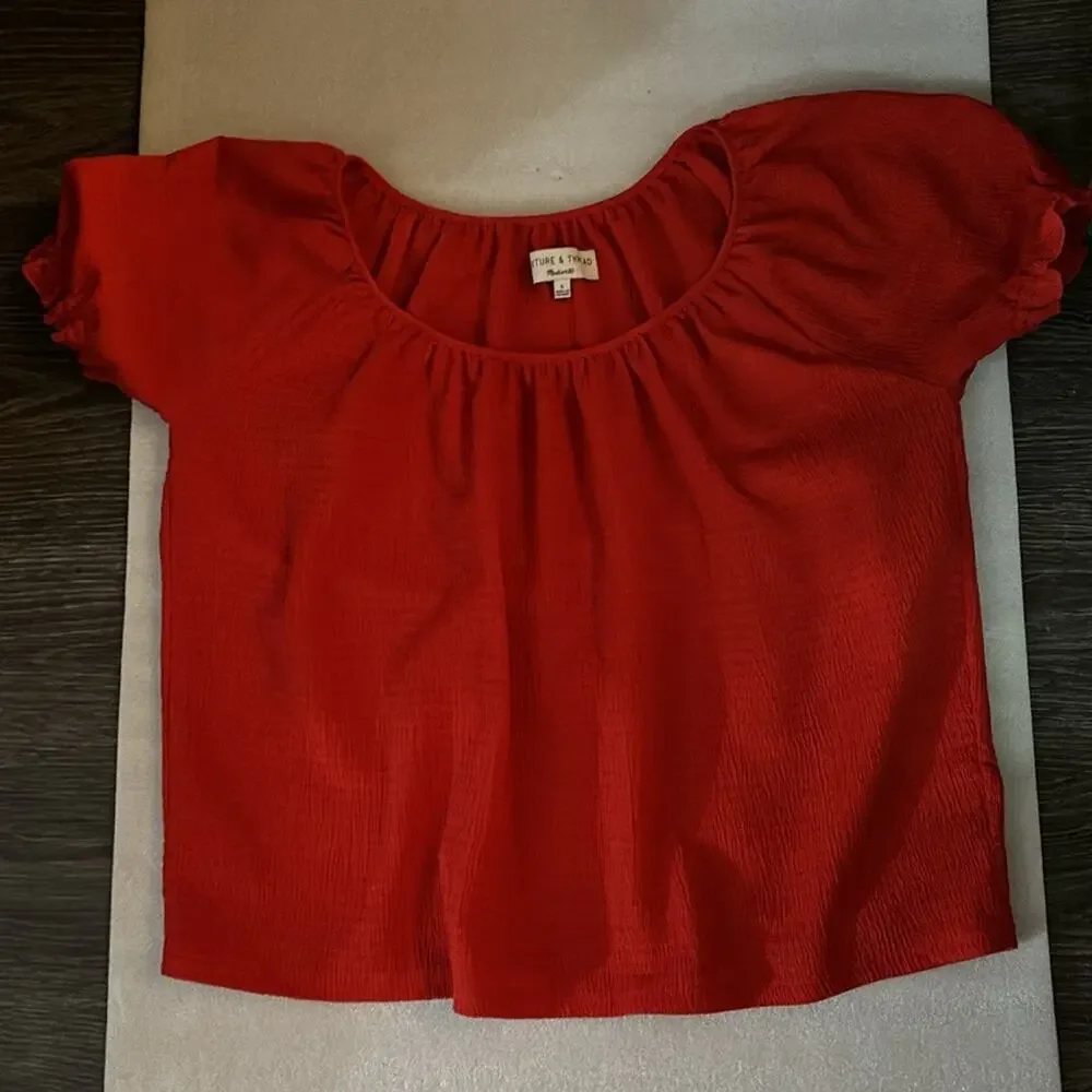 Madewell Texture & Thread Peasant Top Red Puff Sleeve S Boho Costal Cowgirl Chic
